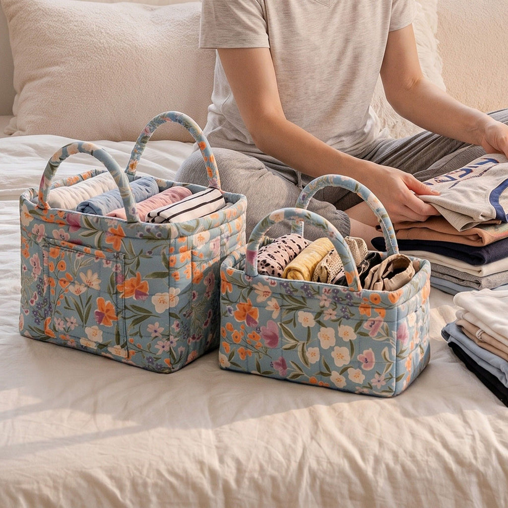 2 Piece Quilted Floral Storage Tote Set with Handles and Front Pocket