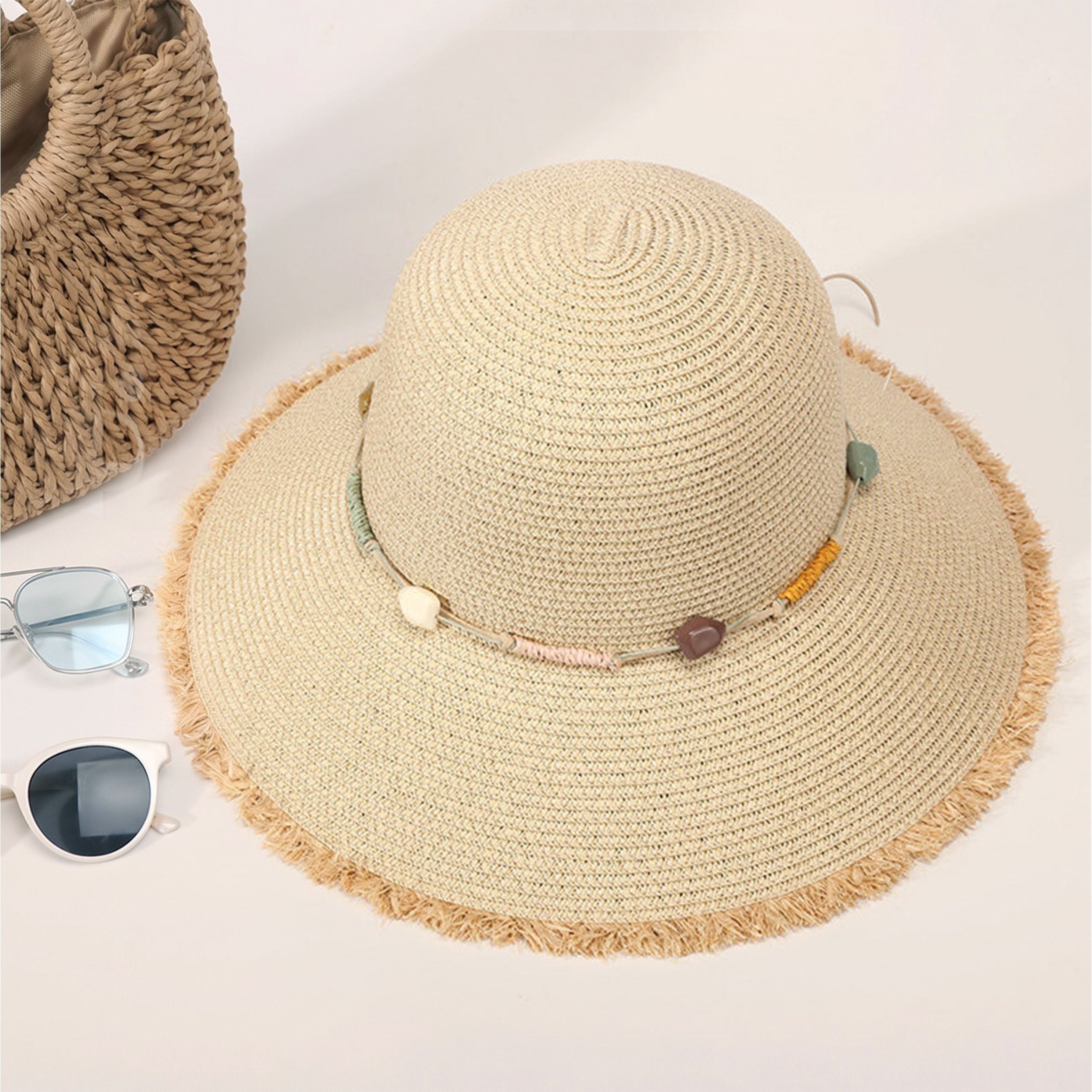 Straw Sun Hat Wide Brim Beaded Trim Summer Beach Vacation Hat Lightweight
