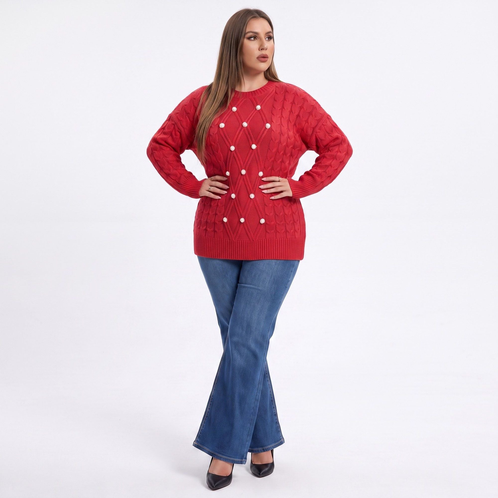 Plus Size Faux Pearl Cable Knit Tunic Sweater
