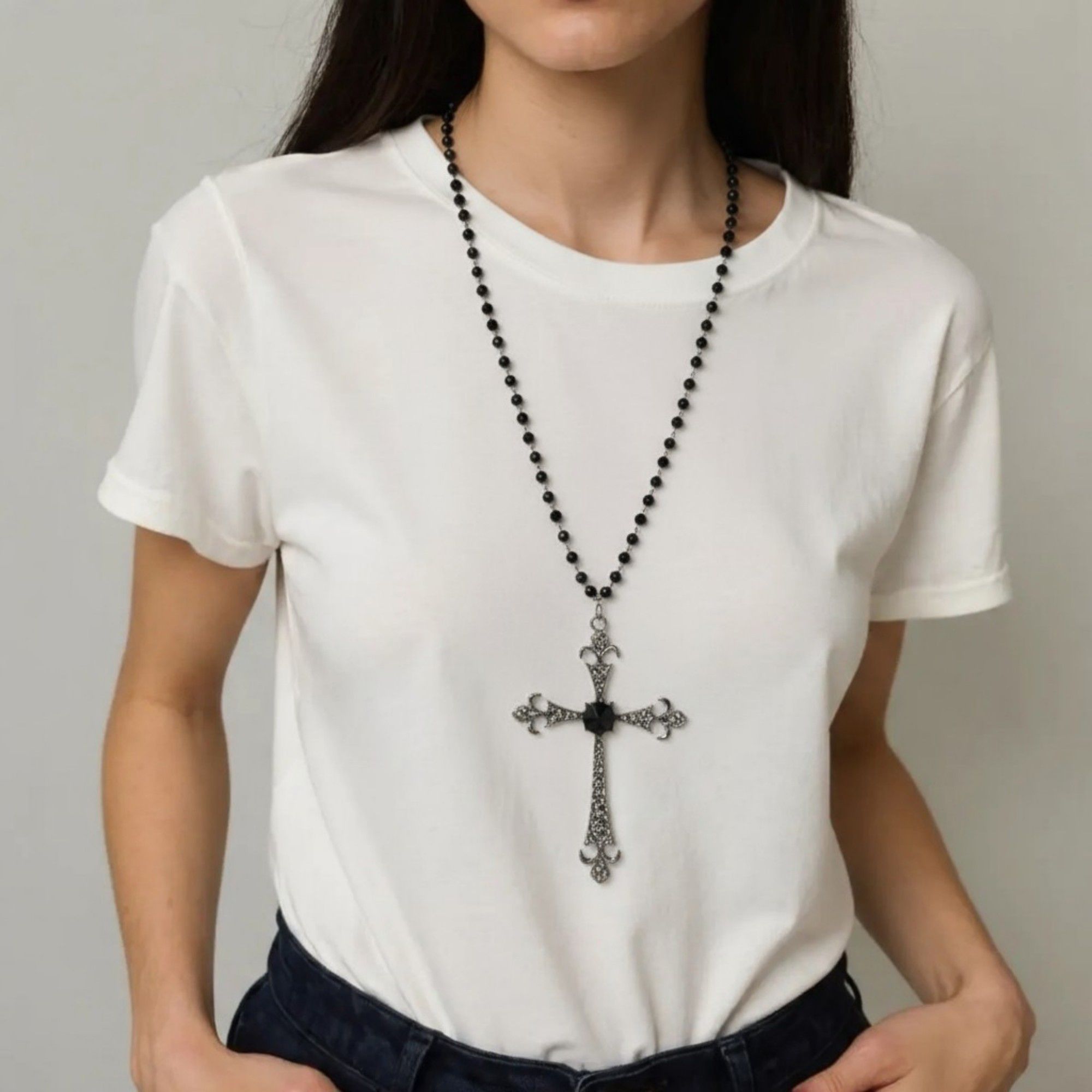 Women's Gothic Cross Pendant Necklace with Crystal Accents and Beaded Chain