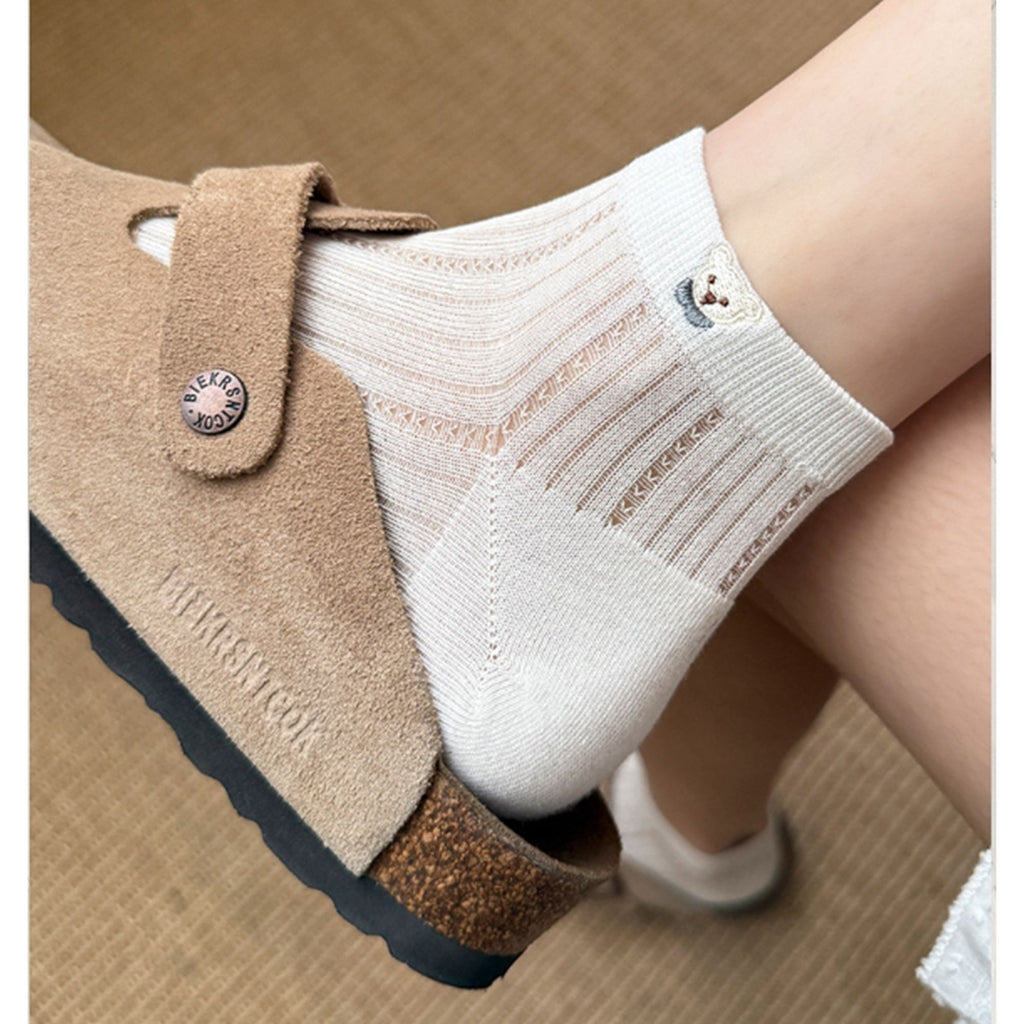 Anna-Kaci 4 Pairs Women's Ankle Mesh Socks with Bear Embroidery Lightweight Breathable Knit and Elastic Cuffs