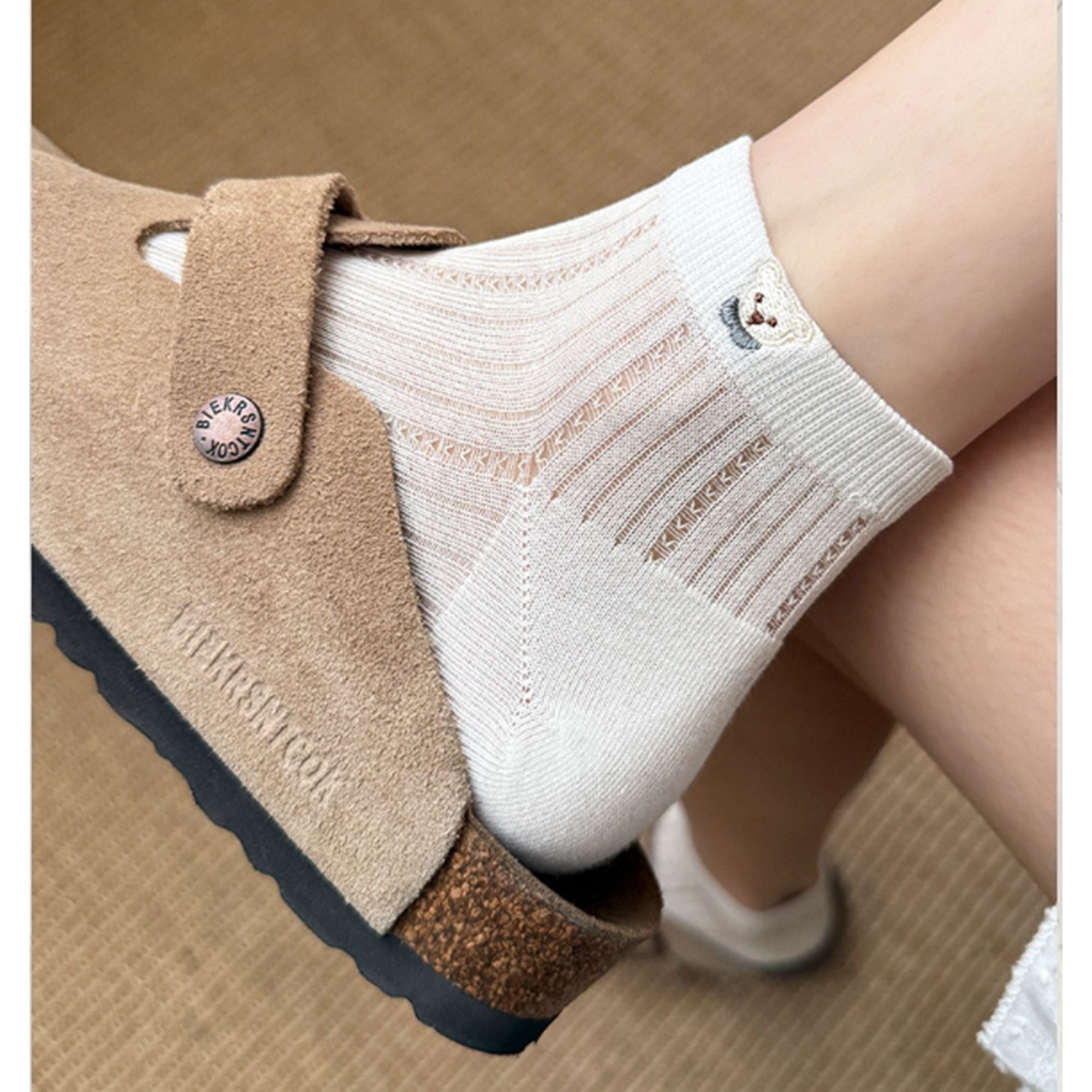 Anna-Kaci 4 Pairs Women's Ankle Mesh Socks with Bear Embroidery Lightweight Breathable Knit and Elastic Cuffs