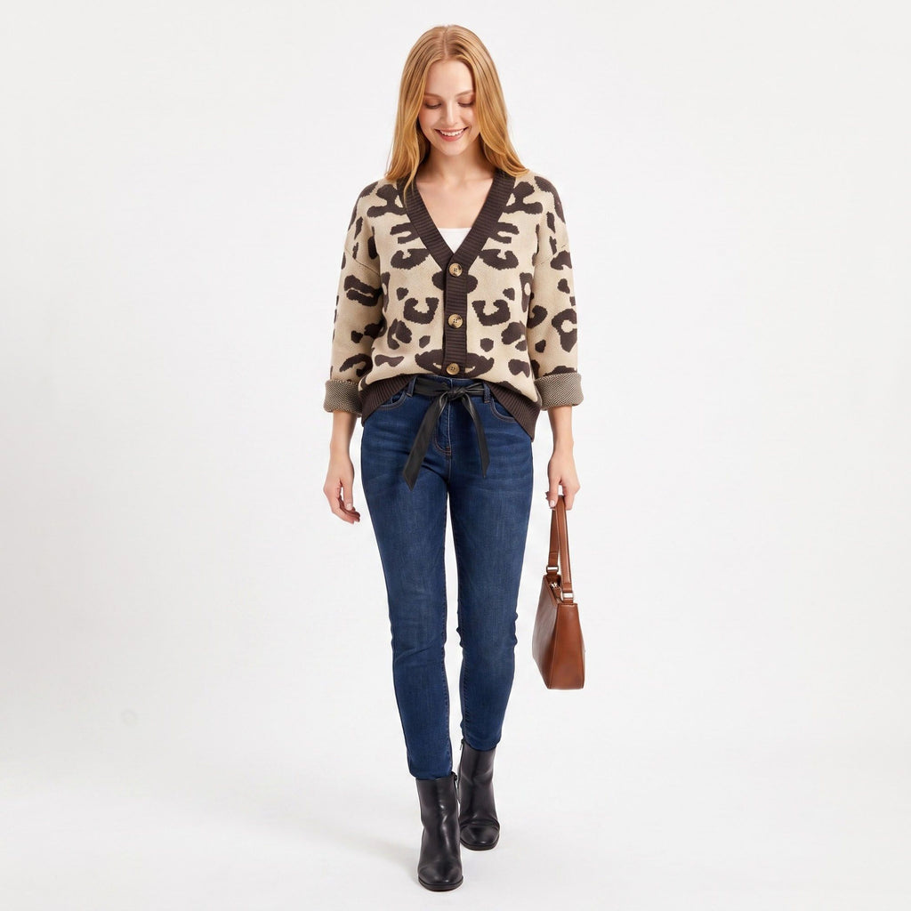 Leopard Print V-Neck Button-Front Cardigan Sweater