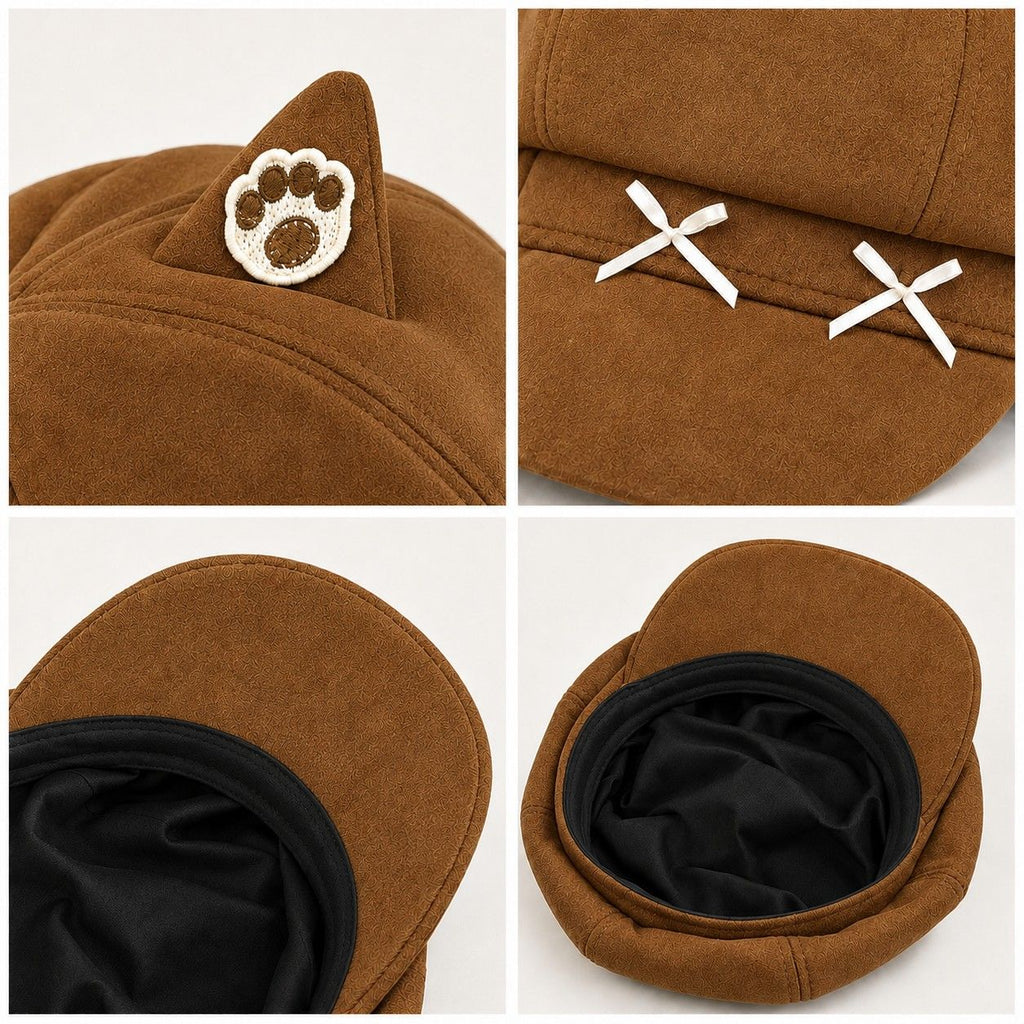 Cat Ear Newsboy Cap Cute Baker Boy Hat Bow Detail Short Brim Casual Style