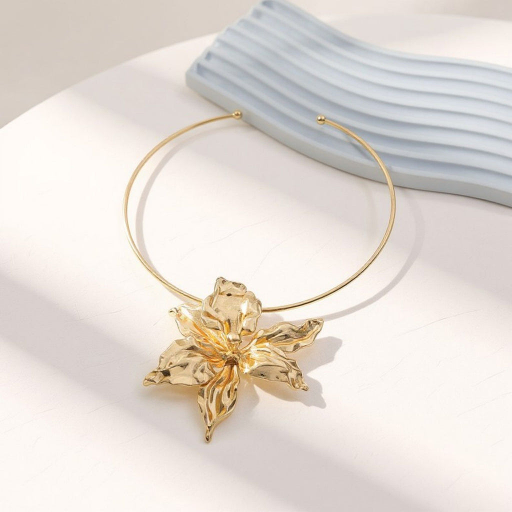 Women's Sculpted Flower Pendant Necklace with Smooth Metal Finish Statement Jewelry