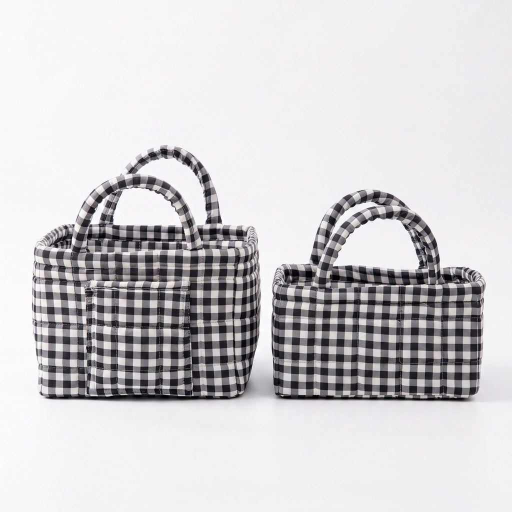 2 Piece Quilted Gingham Storage Tote Set with Handles and Front Pocket