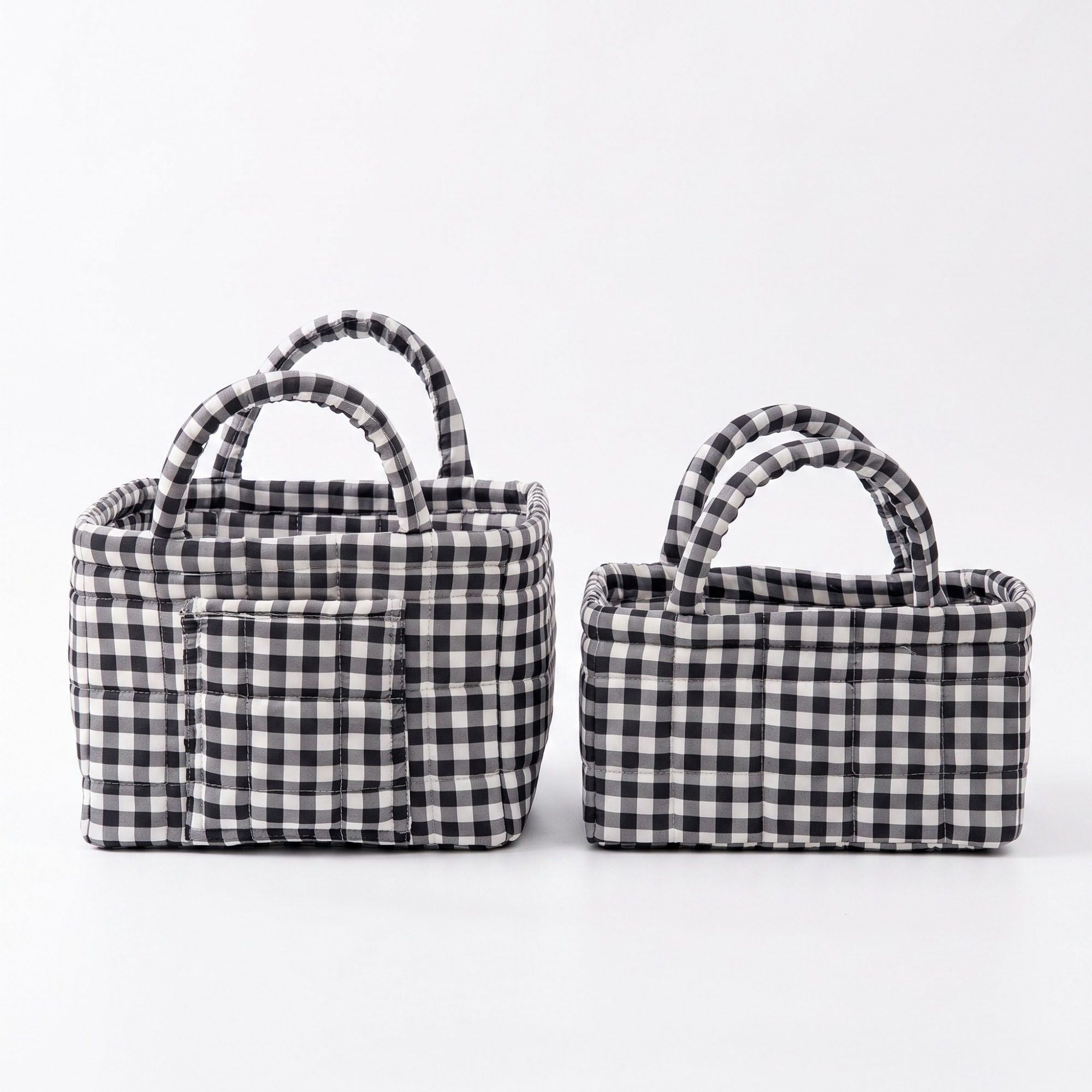 2 Piece Quilted Gingham Storage Tote Set with Handles and Front Pocket