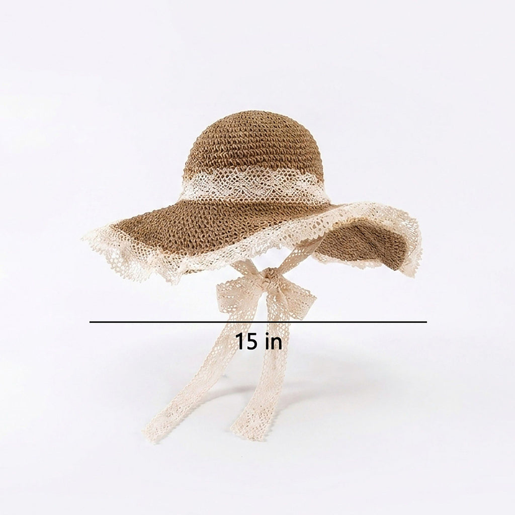 Crochet Wide Brim Sun Hat with Lace Trim Bow Accent and Wavy Brim