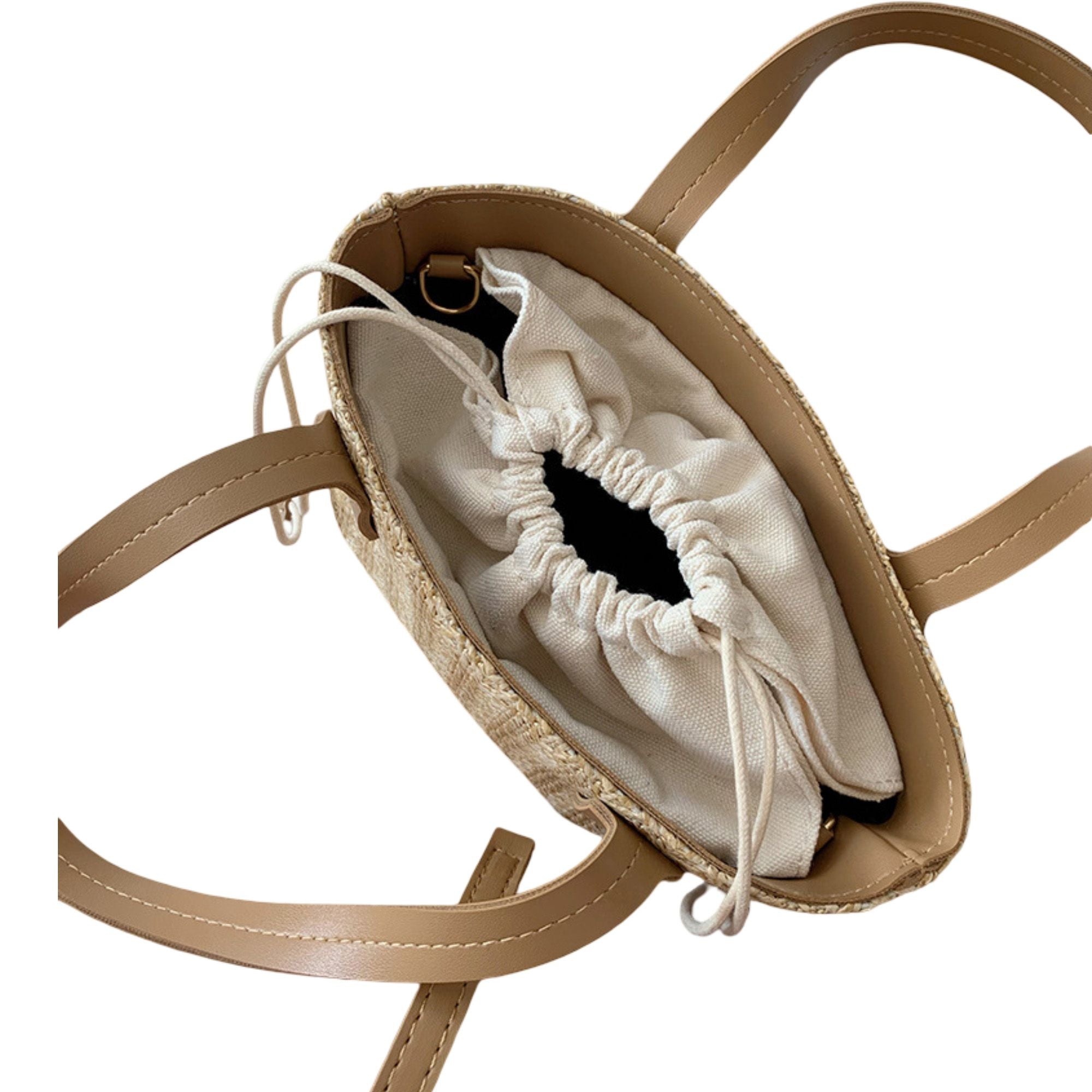 Summer PU Straw Woven Drawstring Handbag with Inner Zipper Pocket