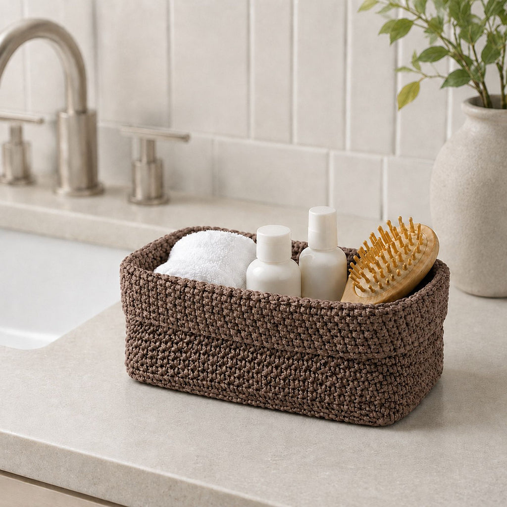 Rectangular Woven Storage Basket Foldover Rim Desktop Organizer Bin