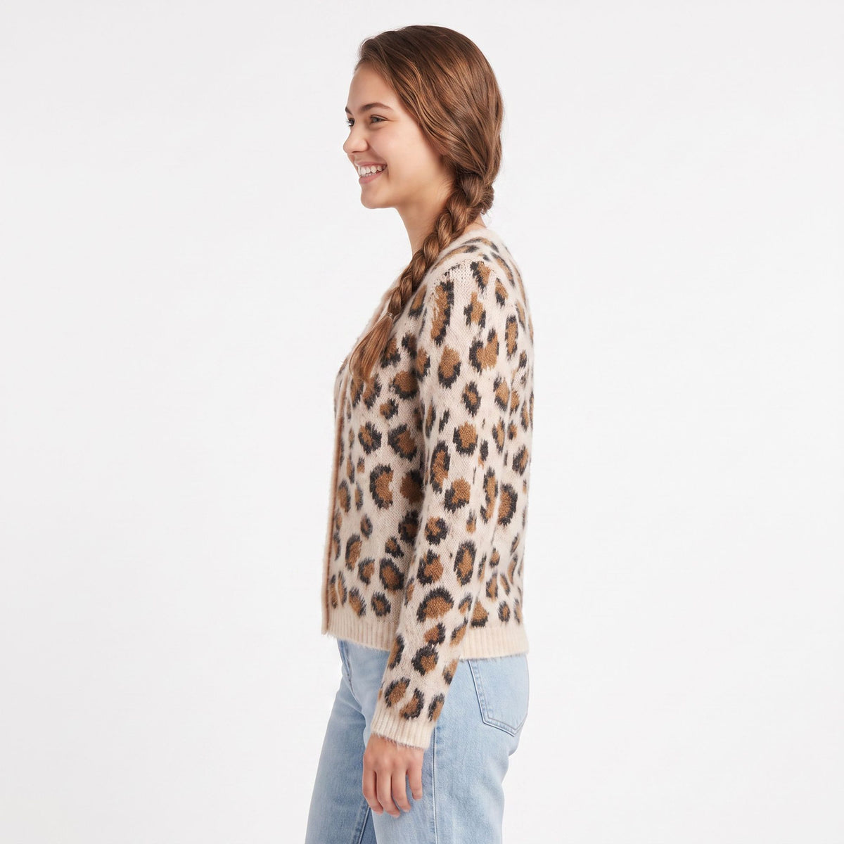 Fuzzy Leopard Print Button Front Cardigan Sweater