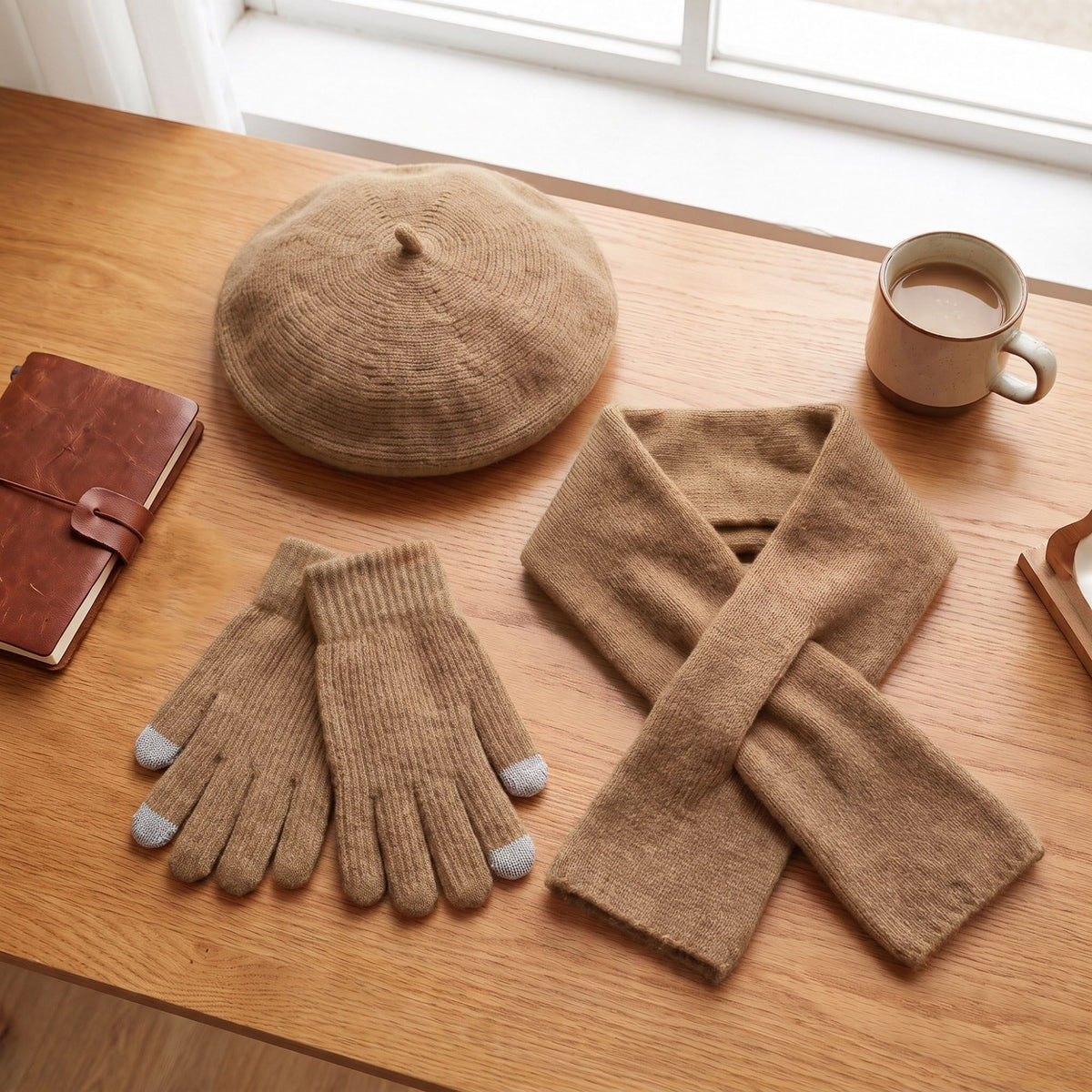 3 Piece Beret Scarf and Touchscreen Gloves Winter Set