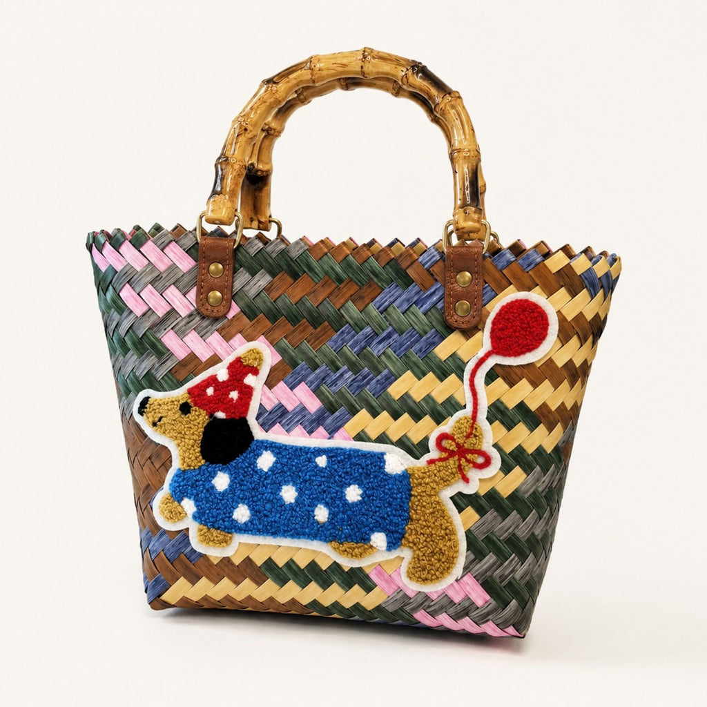 Woven Bamboo Handle Tote Handbag with Whimsical Dachshund Applique, Structured Shape and Roomy Interior