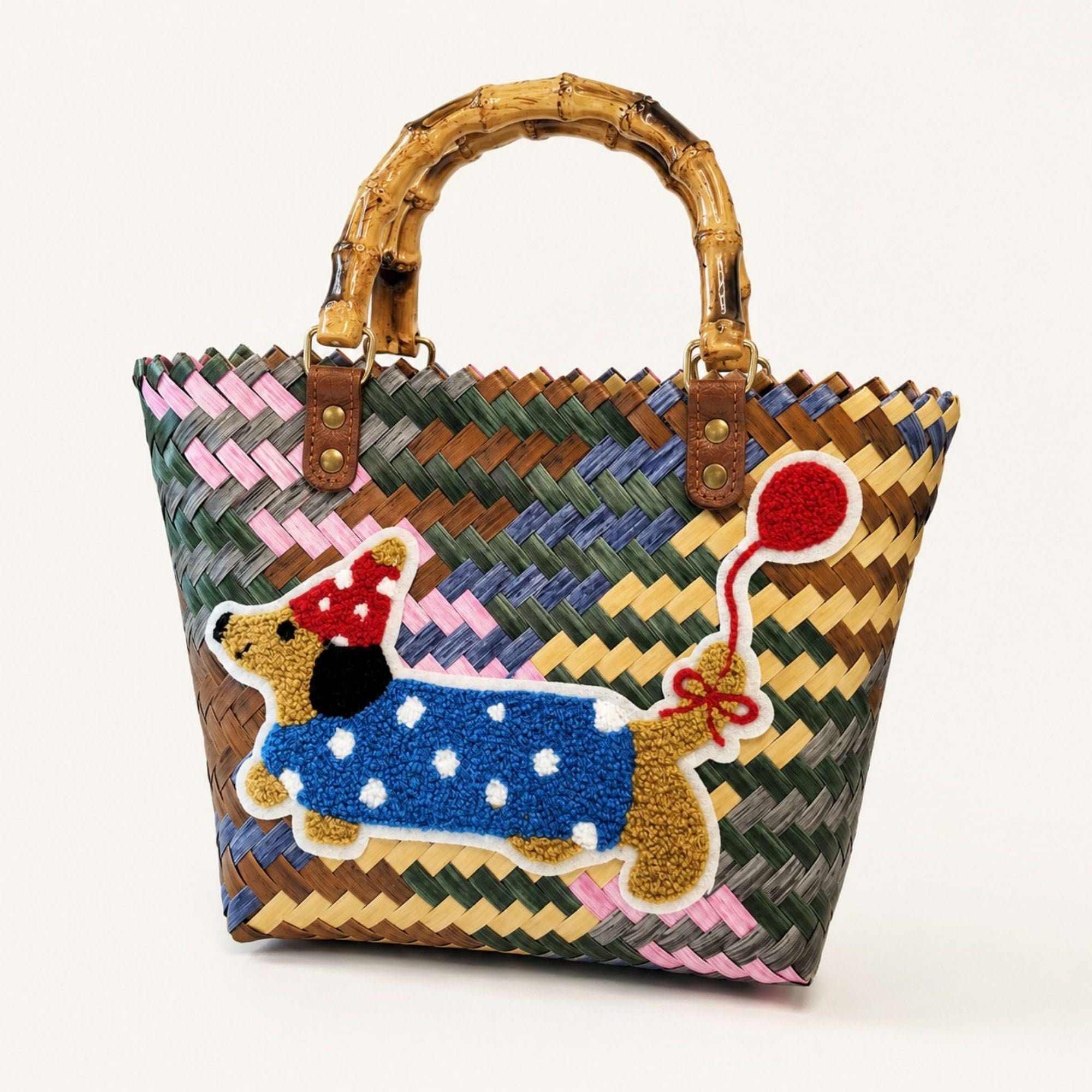 Woven Bamboo Handle Tote Handbag with Whimsical Dachshund Applique, Structured Shape and Roomy Interior