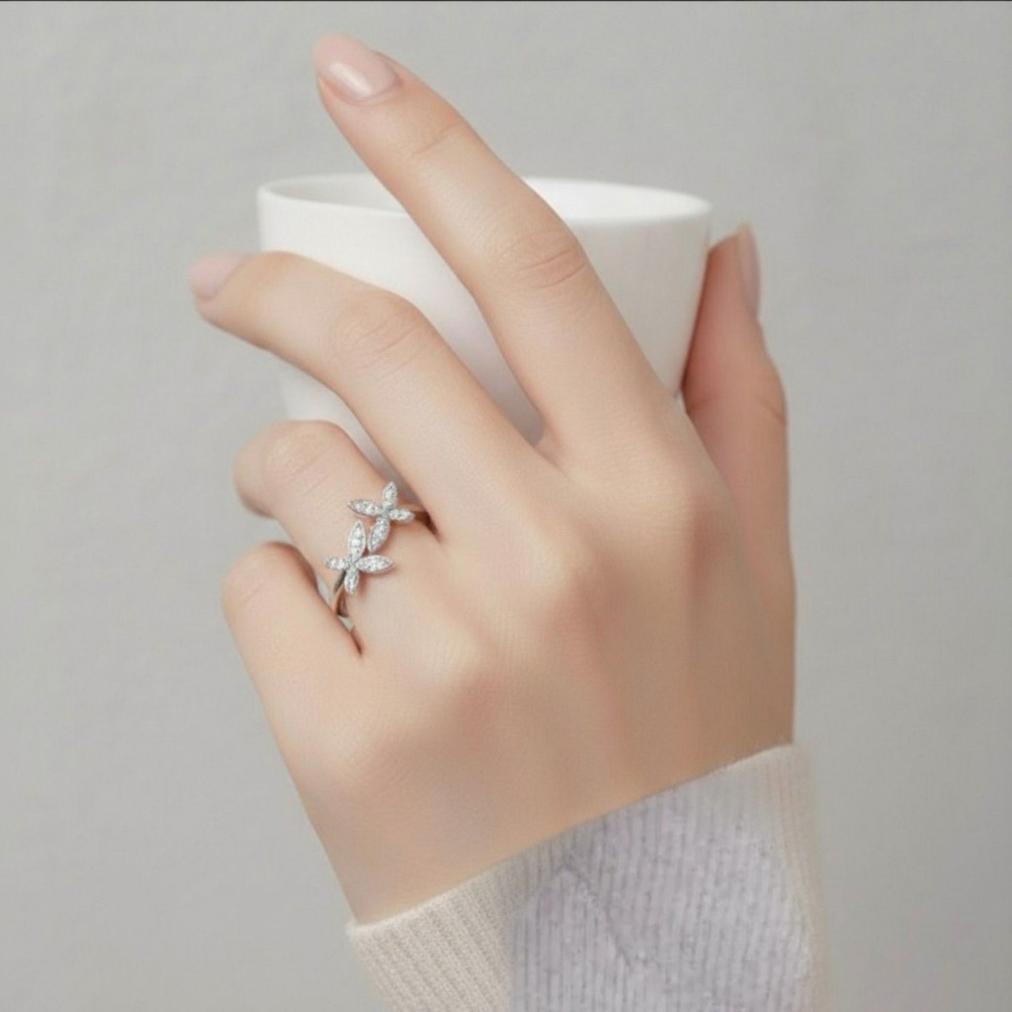 Women's Double Flower Leaf Design Ring with Crystal Detailing