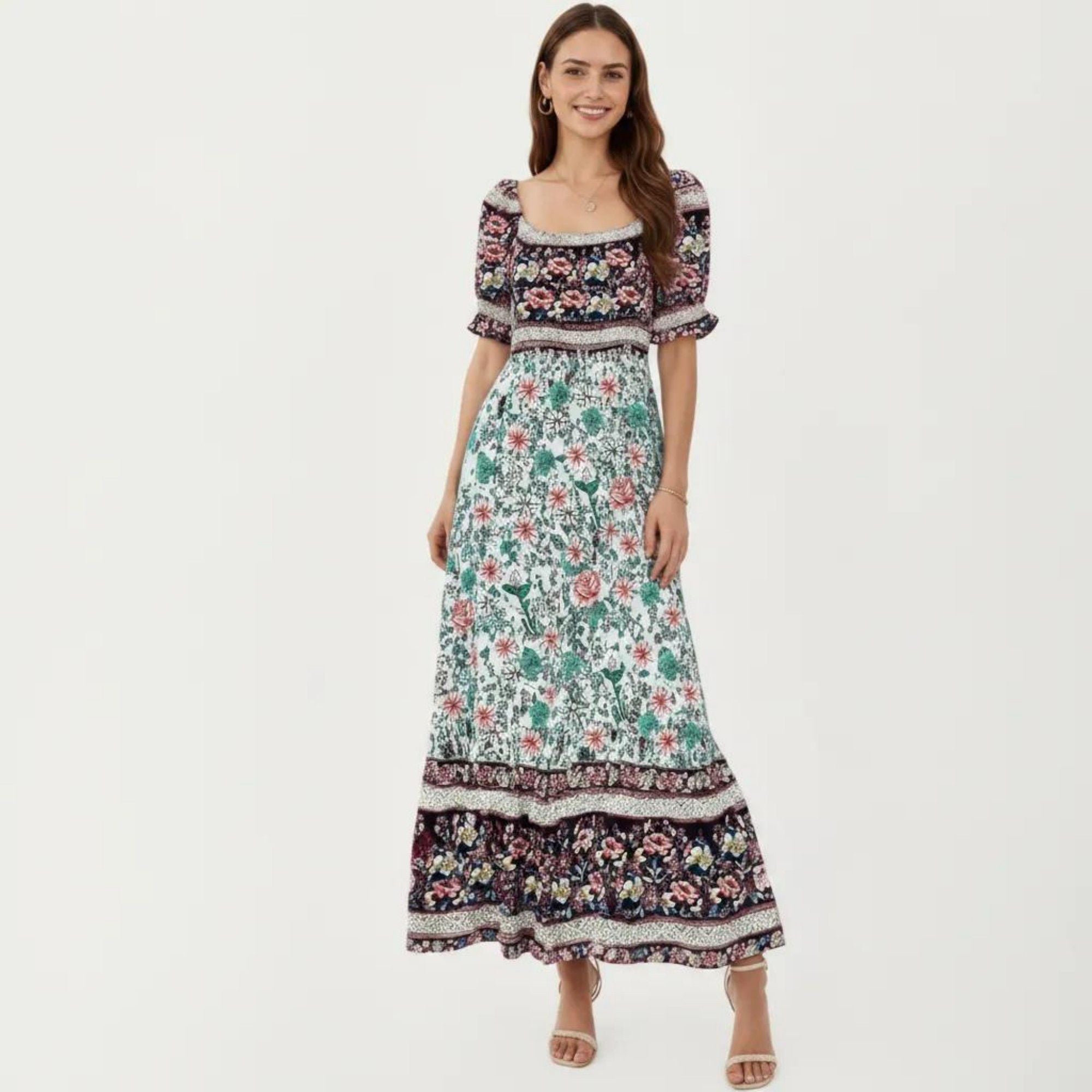 Anna-Kaci Women's Puff Sleeve Maxi Dress with Mixed Floral Print and Border Hem