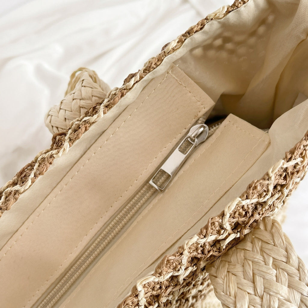 Woven Straw Tote Bag with Zip Closure Shoulder Straps and Tassel Accent