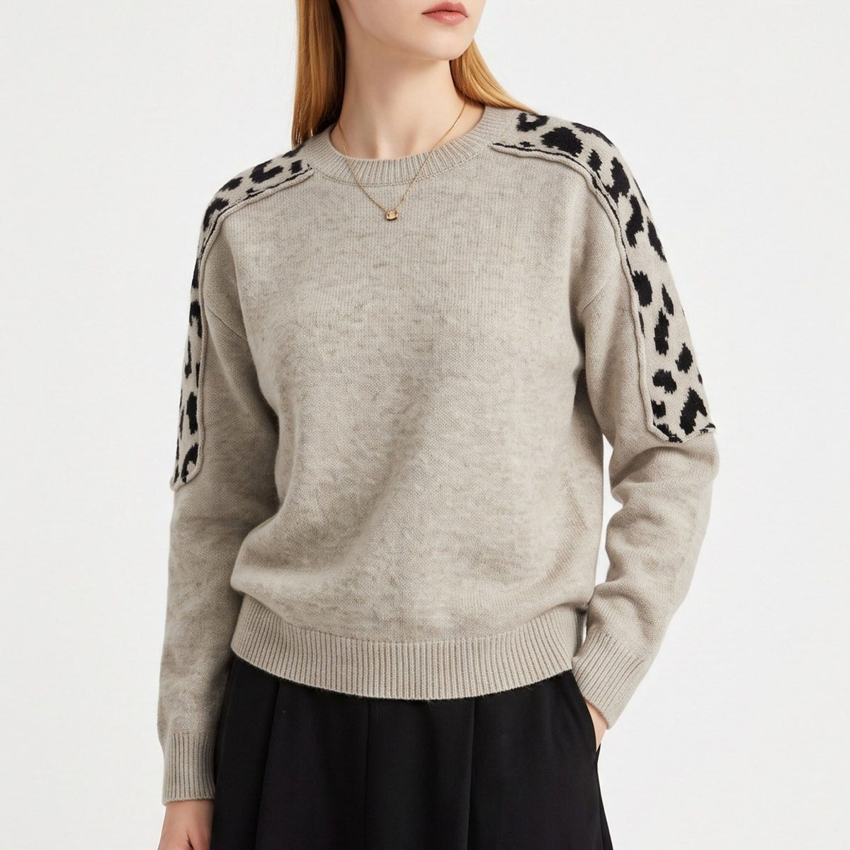 Leopard Shoulder Panel Crewneck Long Sleeve Knit Sweater