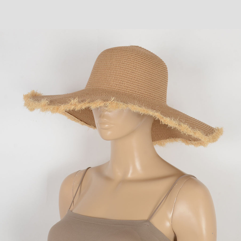 Anna-Kaci Wide Brim Straw Floppy Hat with Frayed Edges Lightweight Sun Protection for Beach Vacation Outdoor Travel Style