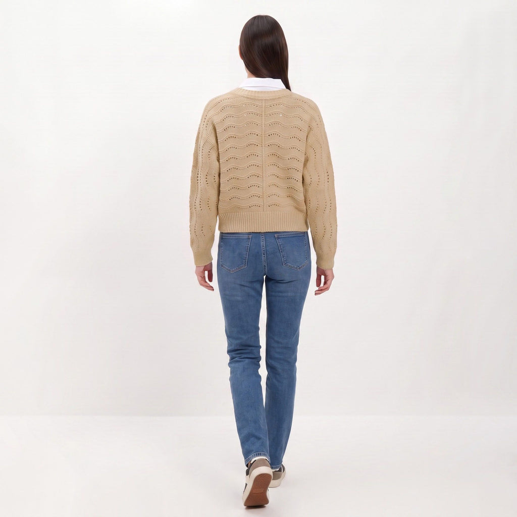 Wavy Pointelle Button-Front Long Sleeve Knit Cardigan