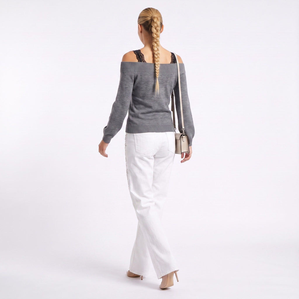 Off Shoulder Knit Sweater Long Sleeve Ribbed Pullover