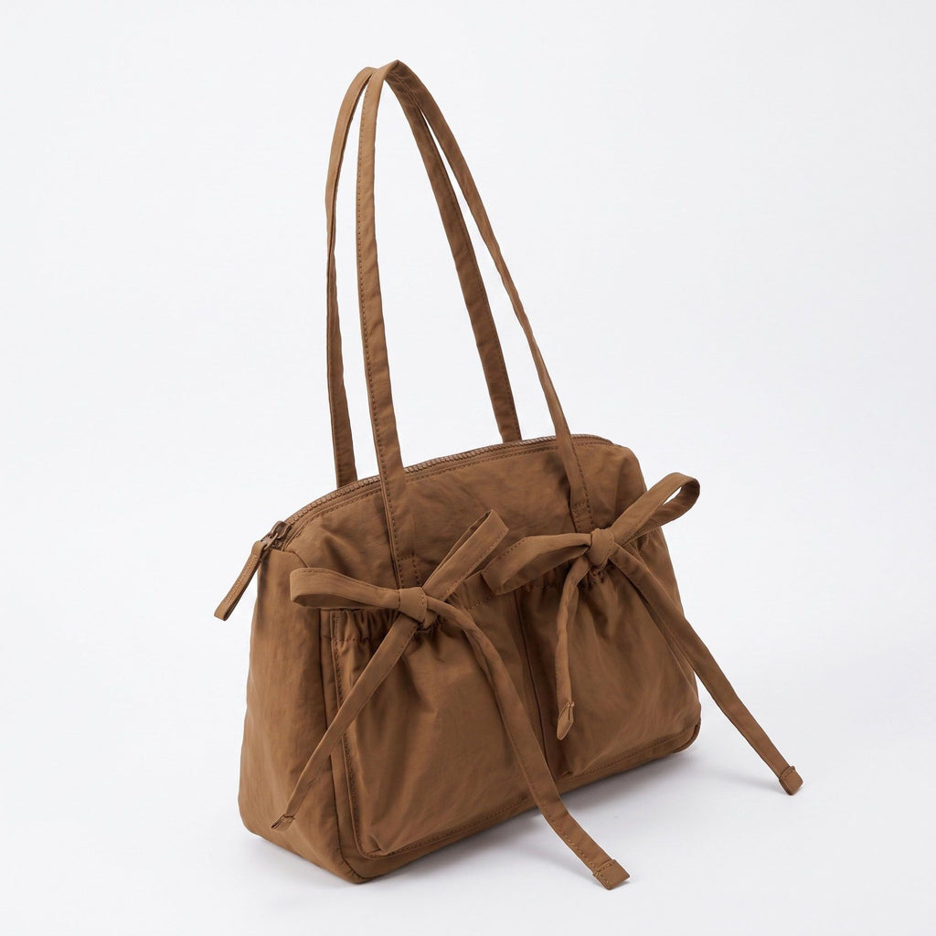 Multi-Pocket Shoulder Tote Bag with Bow-Tie Drawstrings and Top Zipper 11.5x9x5in