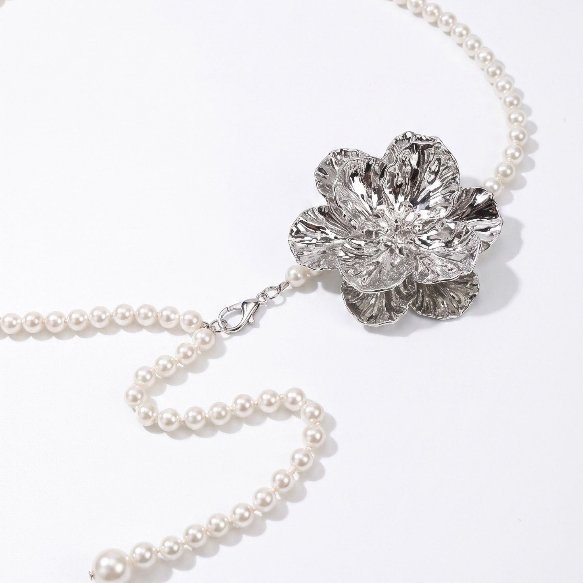 Single Textured Floral Plastic Pearl Waist Chain Adjustable Vintage Statement Waist Jewelry 43.3in