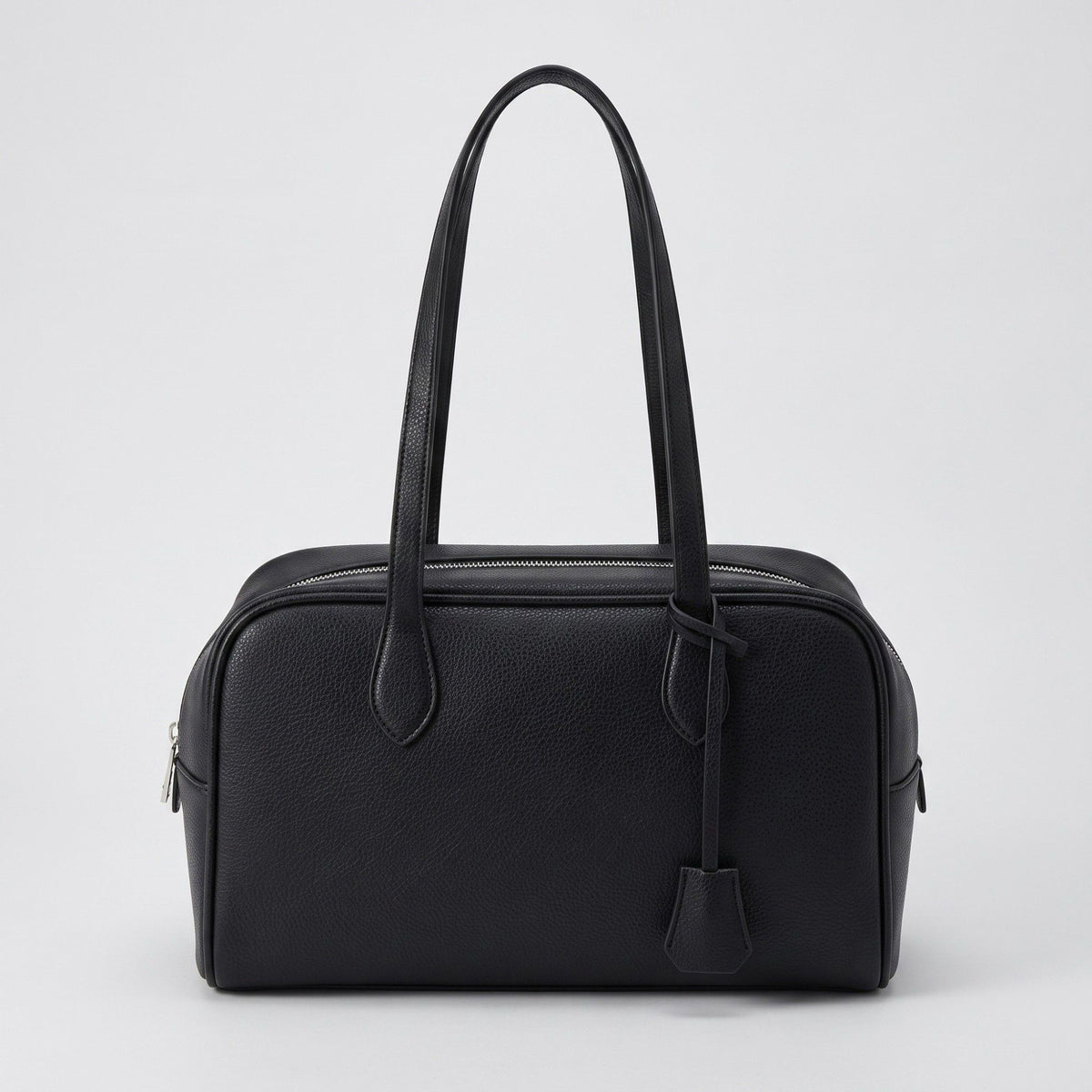 Smooth Grain Rectangular Boston Shoulder Bag with Fixed Long Top Handles & Full Zip Closure 11.8x7.1x4.7in