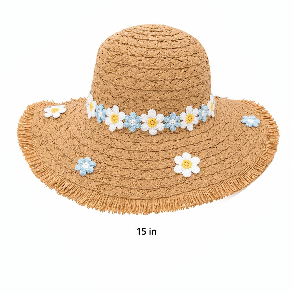 Braided Straw Sun Hat with Floral Applique Trim and Fringe Brim Design