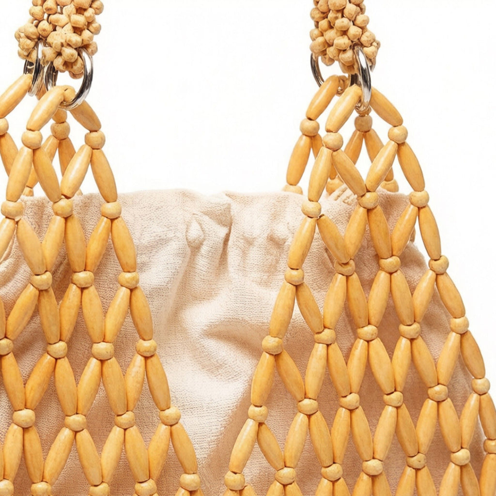 Beaded Tote Bag with Inner Pouch Soft Structured Wooden Bead Handbag Open Weave Shoulder Bag Lightweight Carryall
