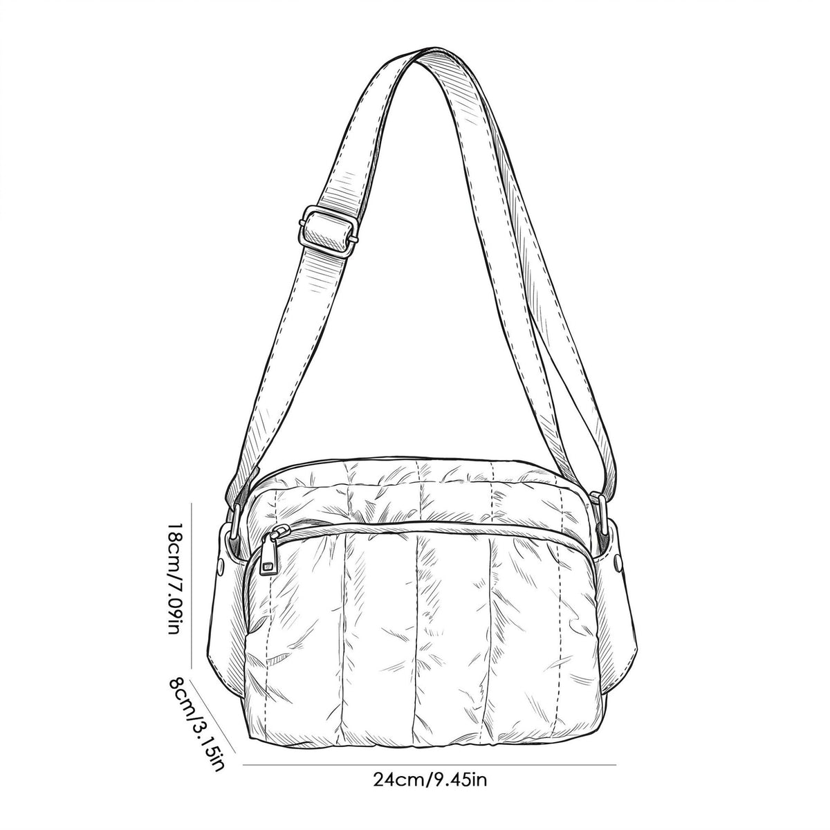 Quilted Crossbody Bag Adjustable Strap Front Zip Pocket Shoulder Bag