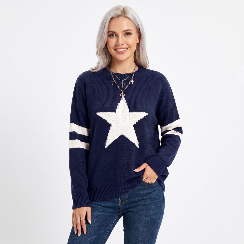 Star Graphic Striped Sleeve Crewneck Knit Sweater