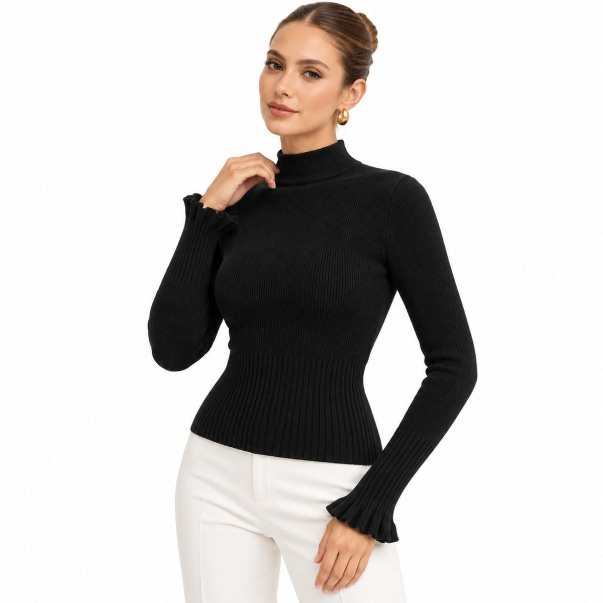 Mock Neck Ribbed Knit Long Sleeve Slim Fit Pullover Sweater