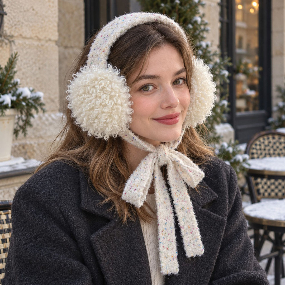 Curly Plush Winter Earmuffs with Speckled Knit Ties