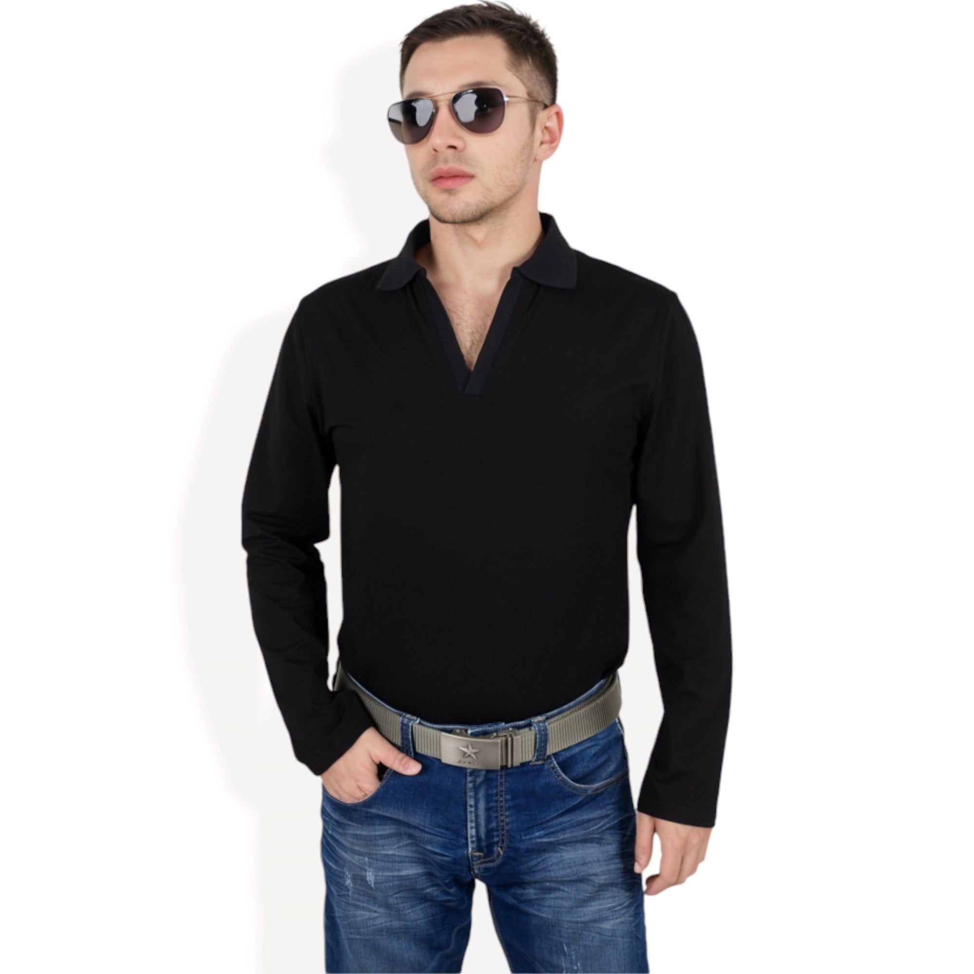 Anna-Kaci Men's Long Sleeve Polo Shirt with Spread Collar and Relaxed Fit