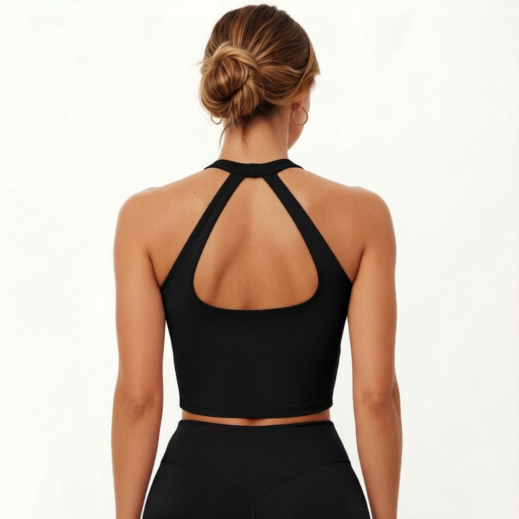 Anna-Kaci Active Women's High Neck Longline Sports Bra with Open Back and Cropped Active Fit