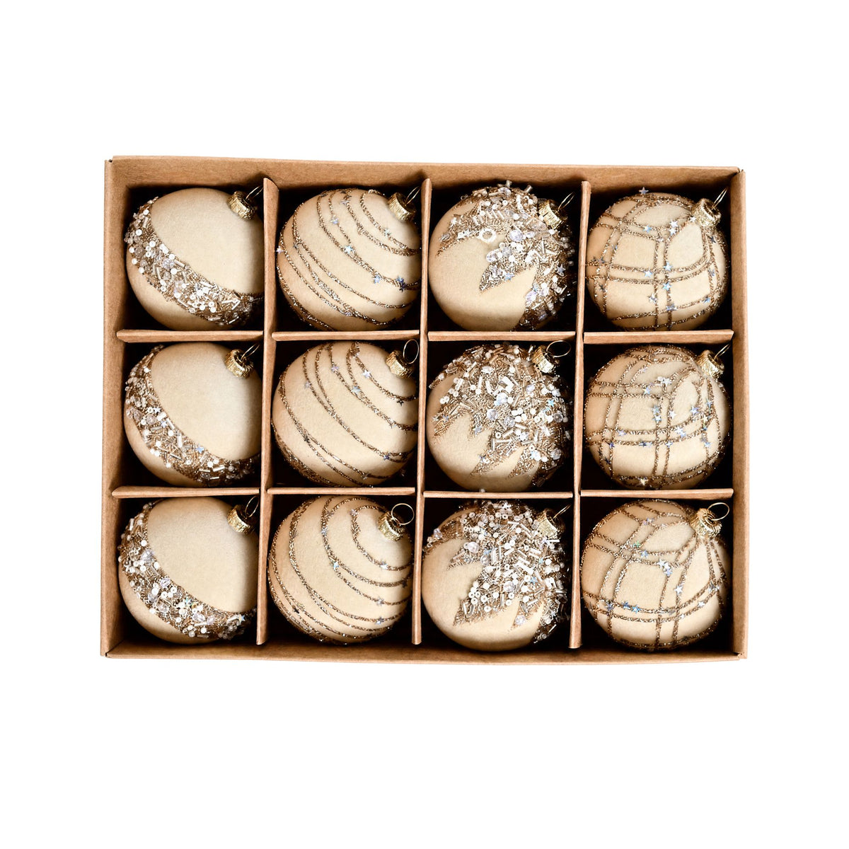 12ct Flocked Christmas Ball Ornament Set with Glitter Beaded Holiday Tree Decorations