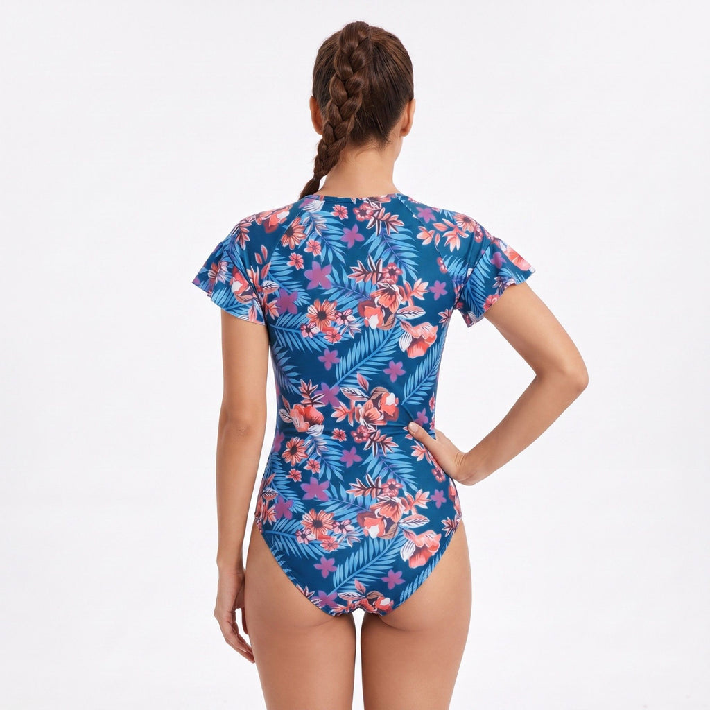 Floral Short Sleeve Zip Front One Piece Rash Guard Swimsuit