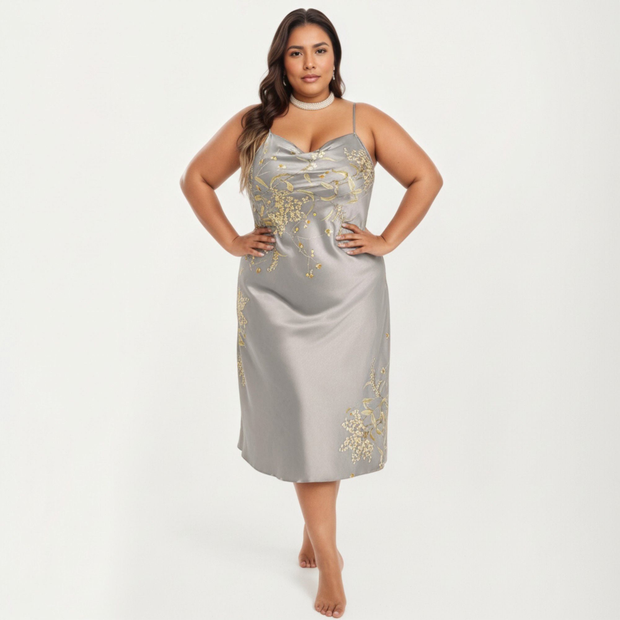 Anna-Kaci Lounge Women's Plus Size Satin Floral Slip Nightgown with Adjustable Spaghetti Straps Cowl Neck Midi Length Sleepwear Dress