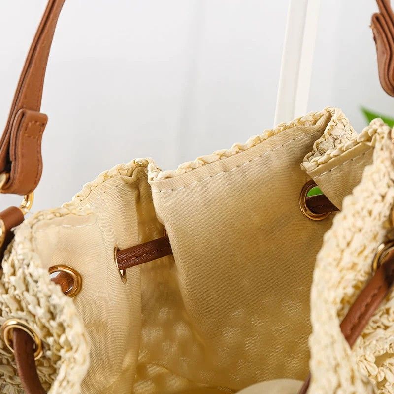 Woven Paper Fiber Bucket Bag Adjustable Strap Crochet Shoulder Handbag with Drawstring Closure