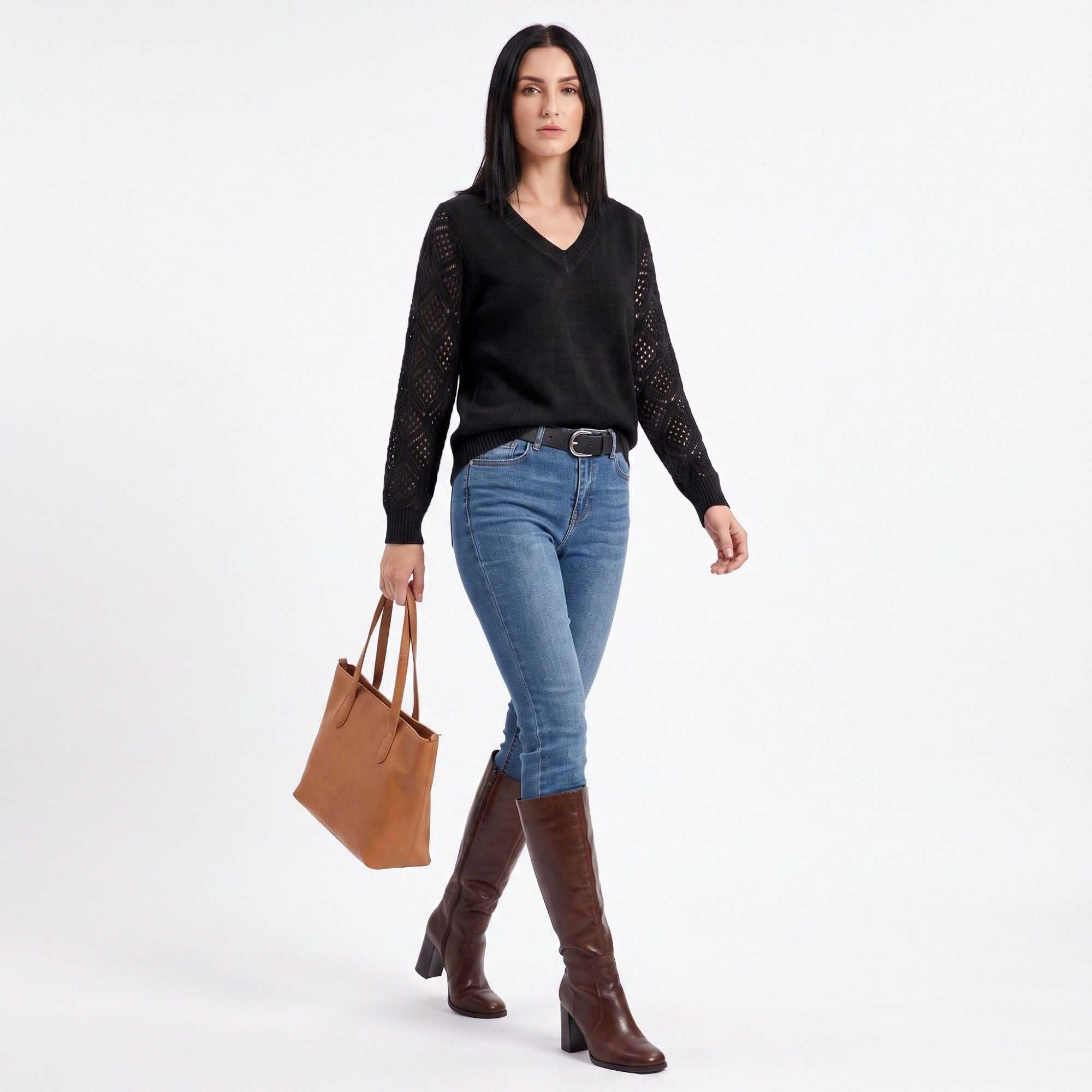 V-Neck Openwork Sleeve Long Sleeve Knit Sweater