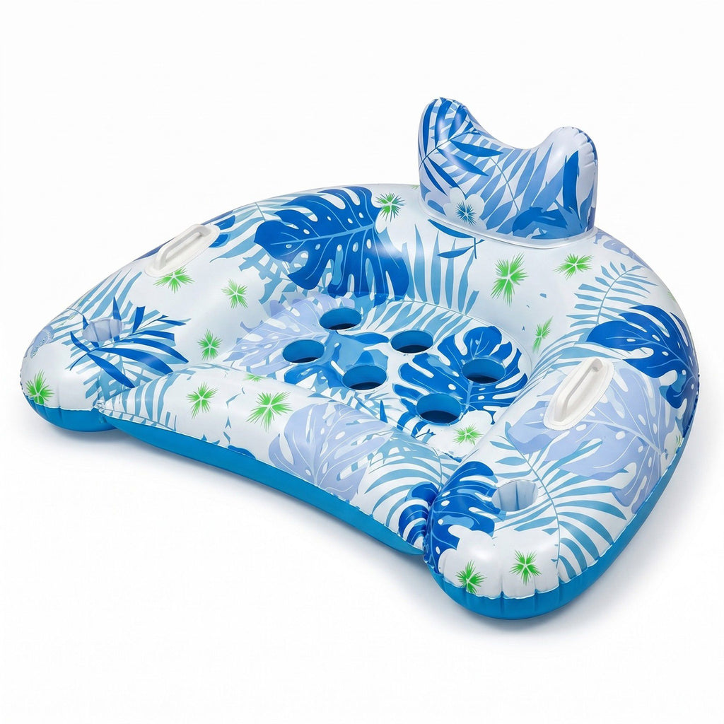 Inflatable Pool Lounger with Tropical Leaf Print and Cup Holders