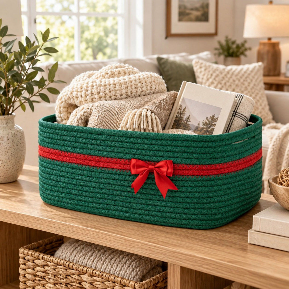 Woven Cotton Cord Rectangular Holiday Storage Basket with Bow