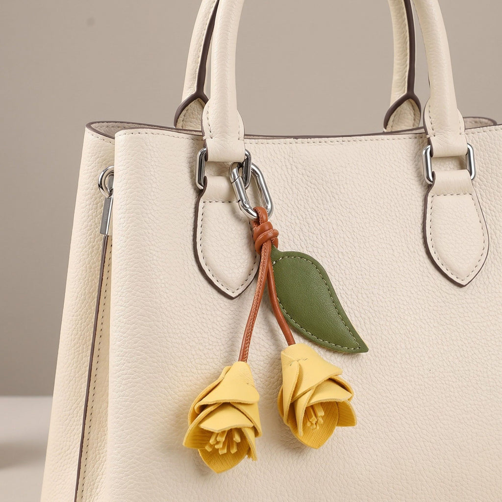 Floral Bag Charm with Leaf Accent and Silver Tone Clip