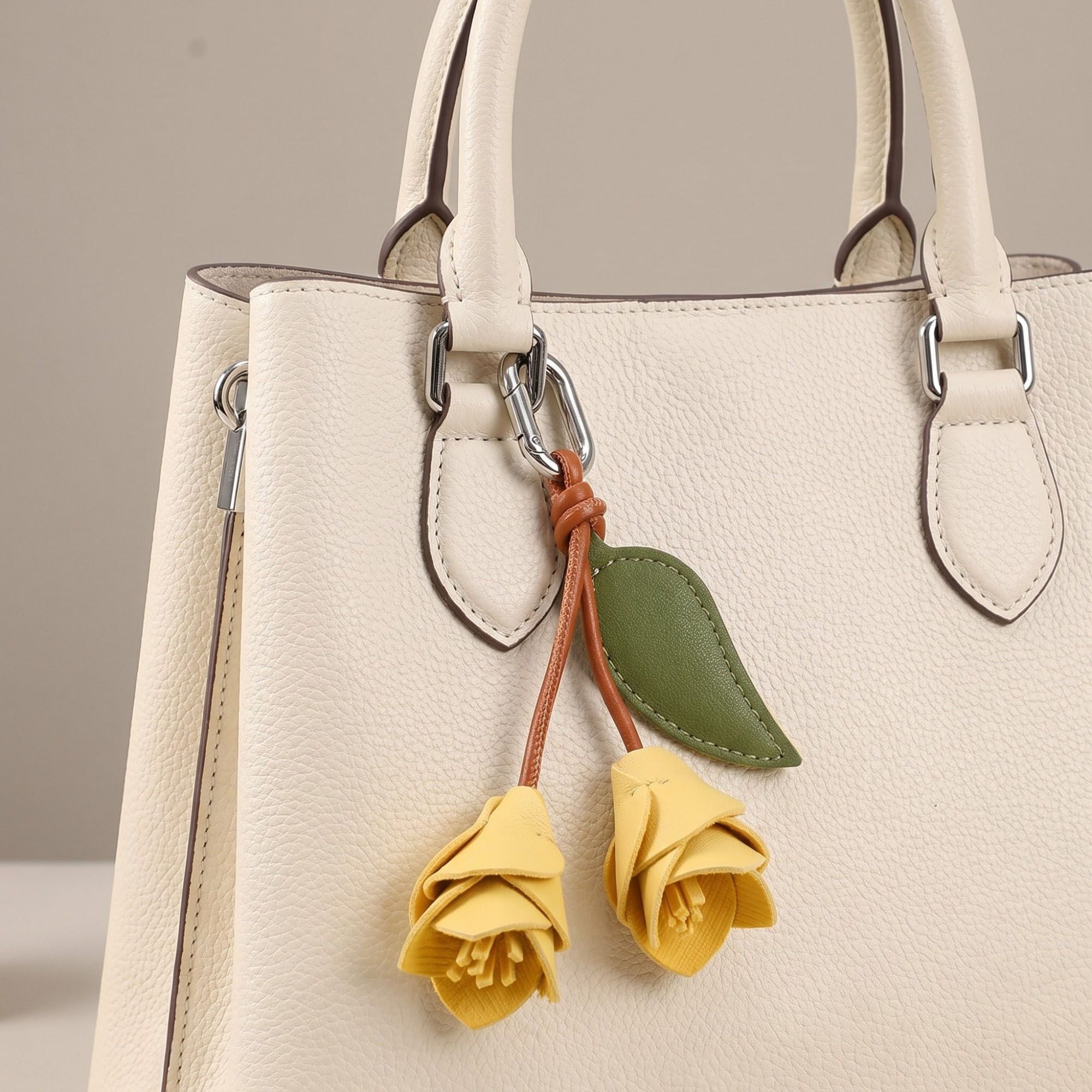 Floral Bag Charm with Leaf Accent and Silver Tone Clip