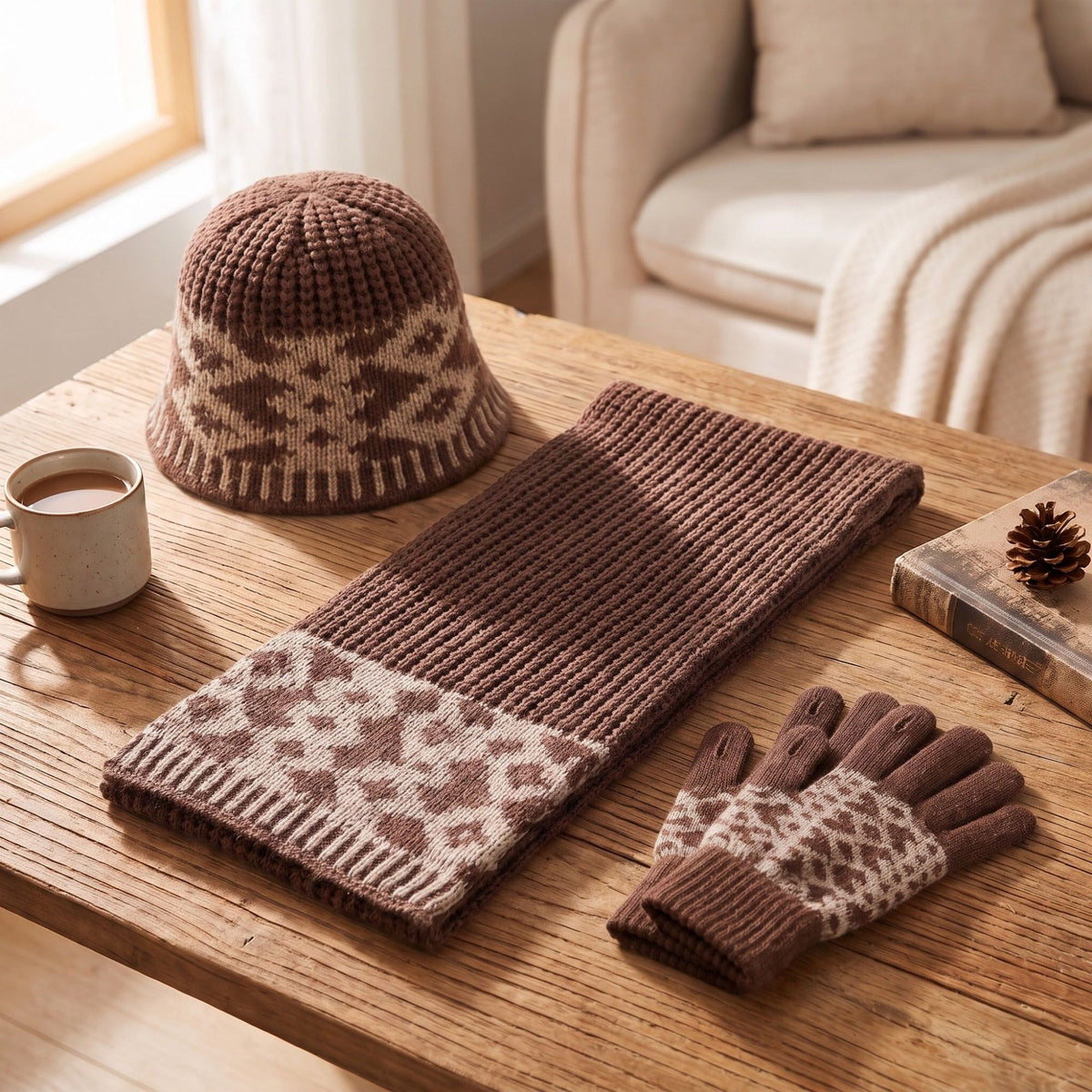3 Piece Knit Winter Hat Scarf and Gloves Set with Geometric Pattern