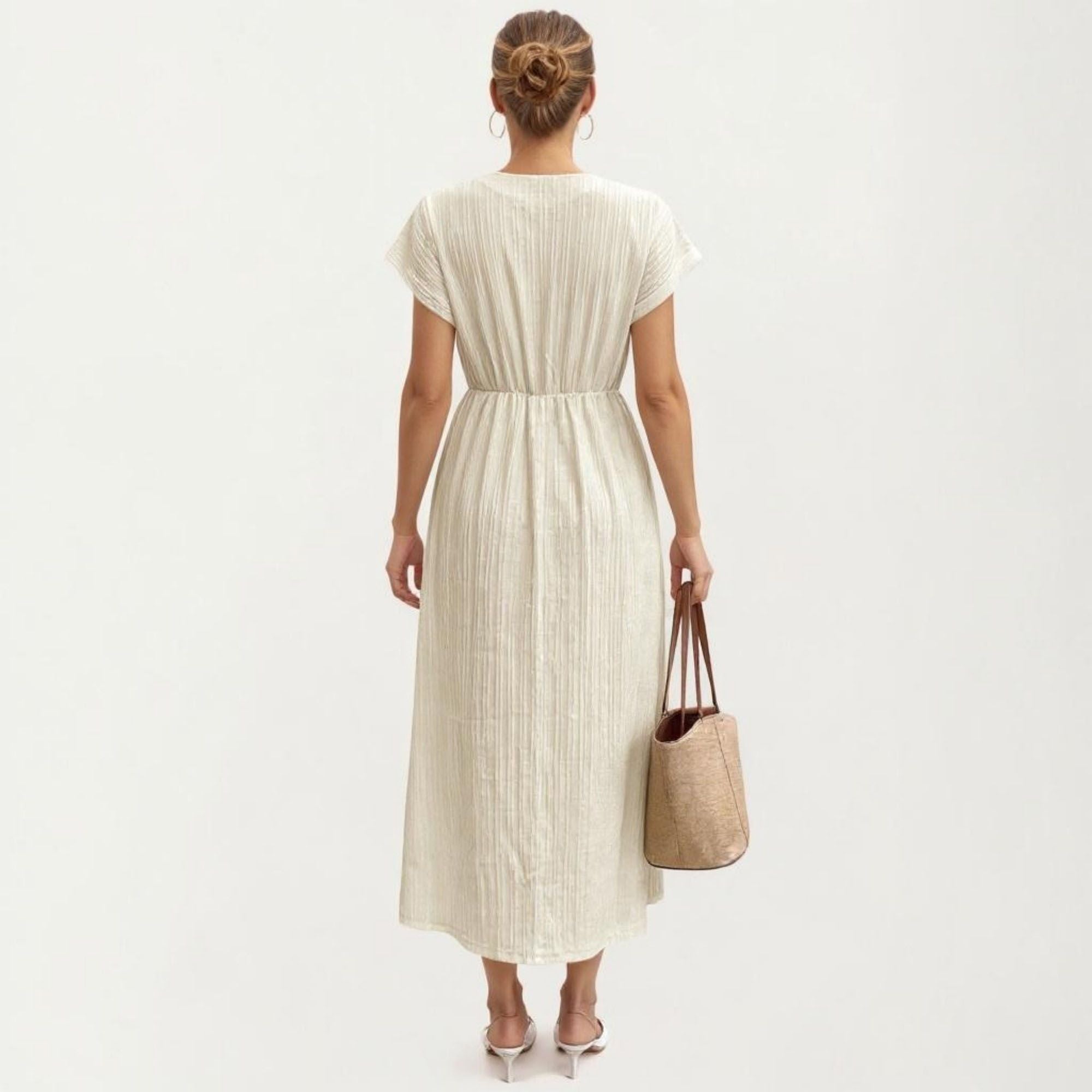 Anna-Kaci Women's Short Sleeve Midi Dress with Wrap V Neck Twist Front Waist Detail Textured Knit Flowy Fit