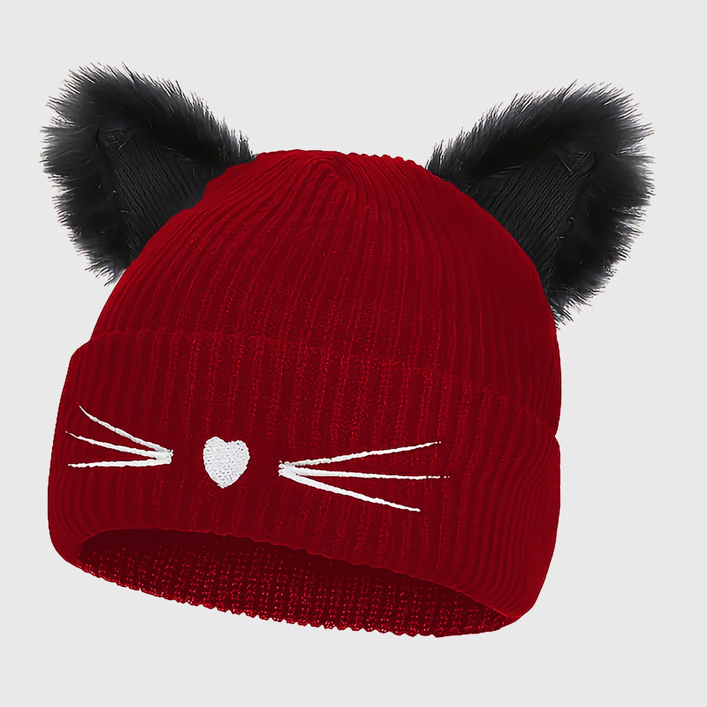 Anna-Kaci Women's Cat Ear Knit Beanie - Faux Fur Ears with Valentine Heart Whisker Embroidery for Cute Casual Winter Wear