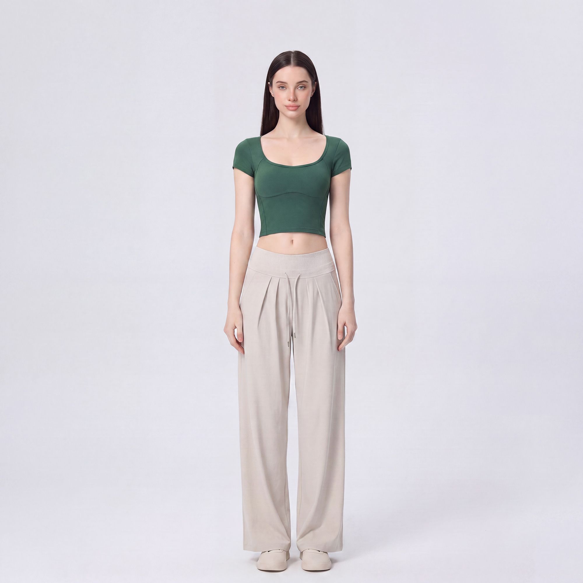 Short Sleeve Cropped Yoga Top with Built In Padding Scoop Neck Contoured Seam Activewear T Shirt