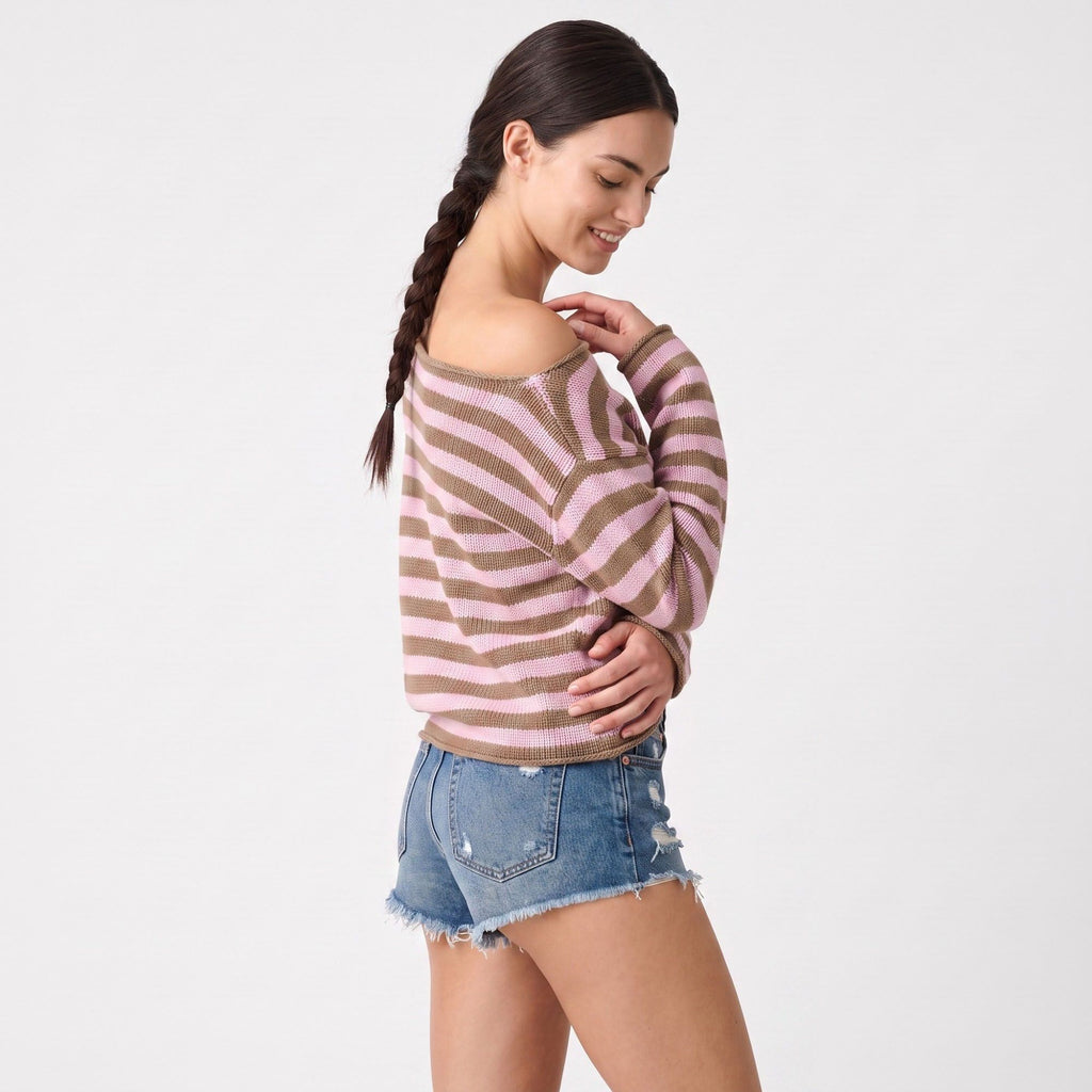 Striped Boat Neck Drop Shoulder Long Sleeve Knit Sweater